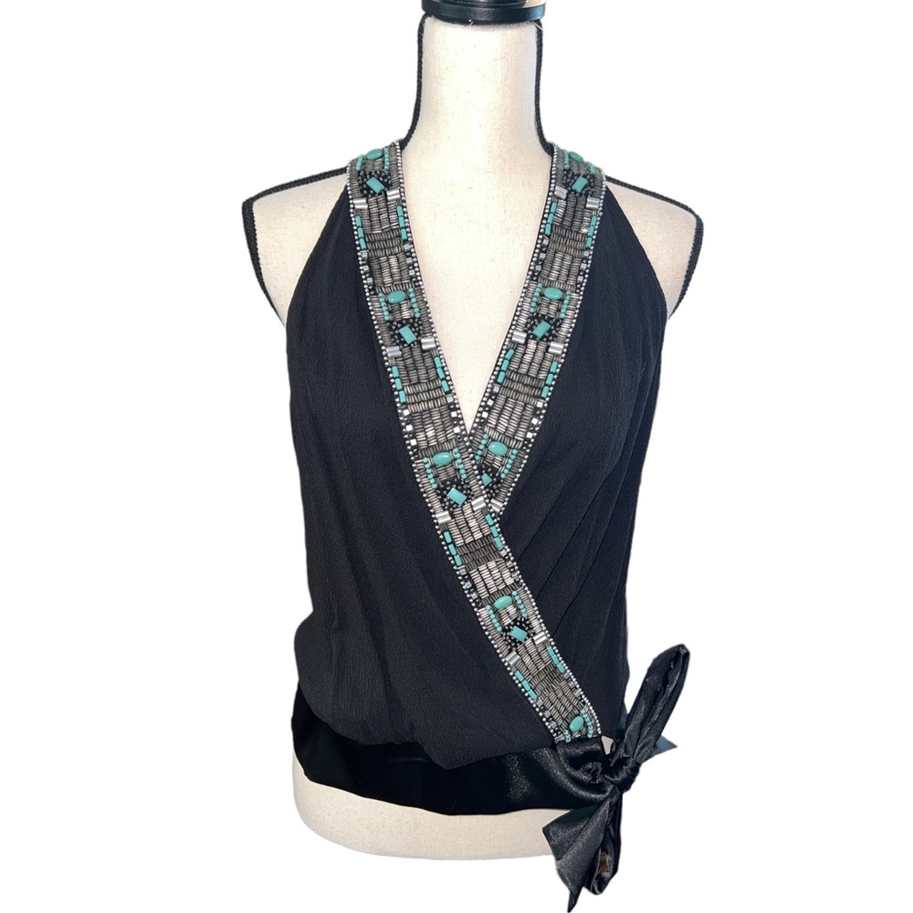 Bebe Black Crossover Sleeveless Blouse w/ Beading Detail